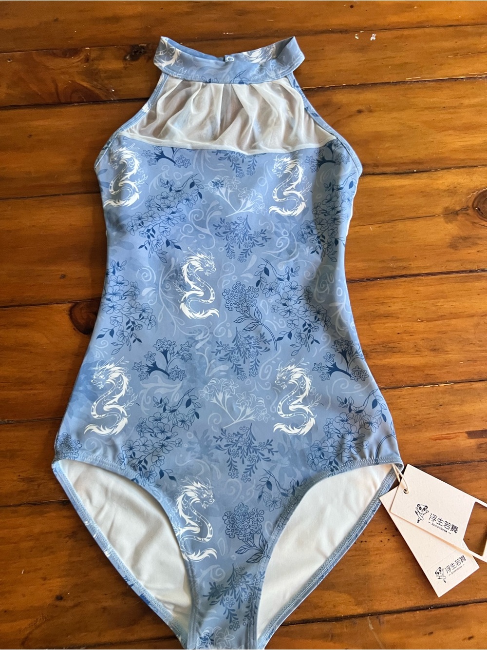 Blue Floral Dragon High-Neck Kids Swimsuit